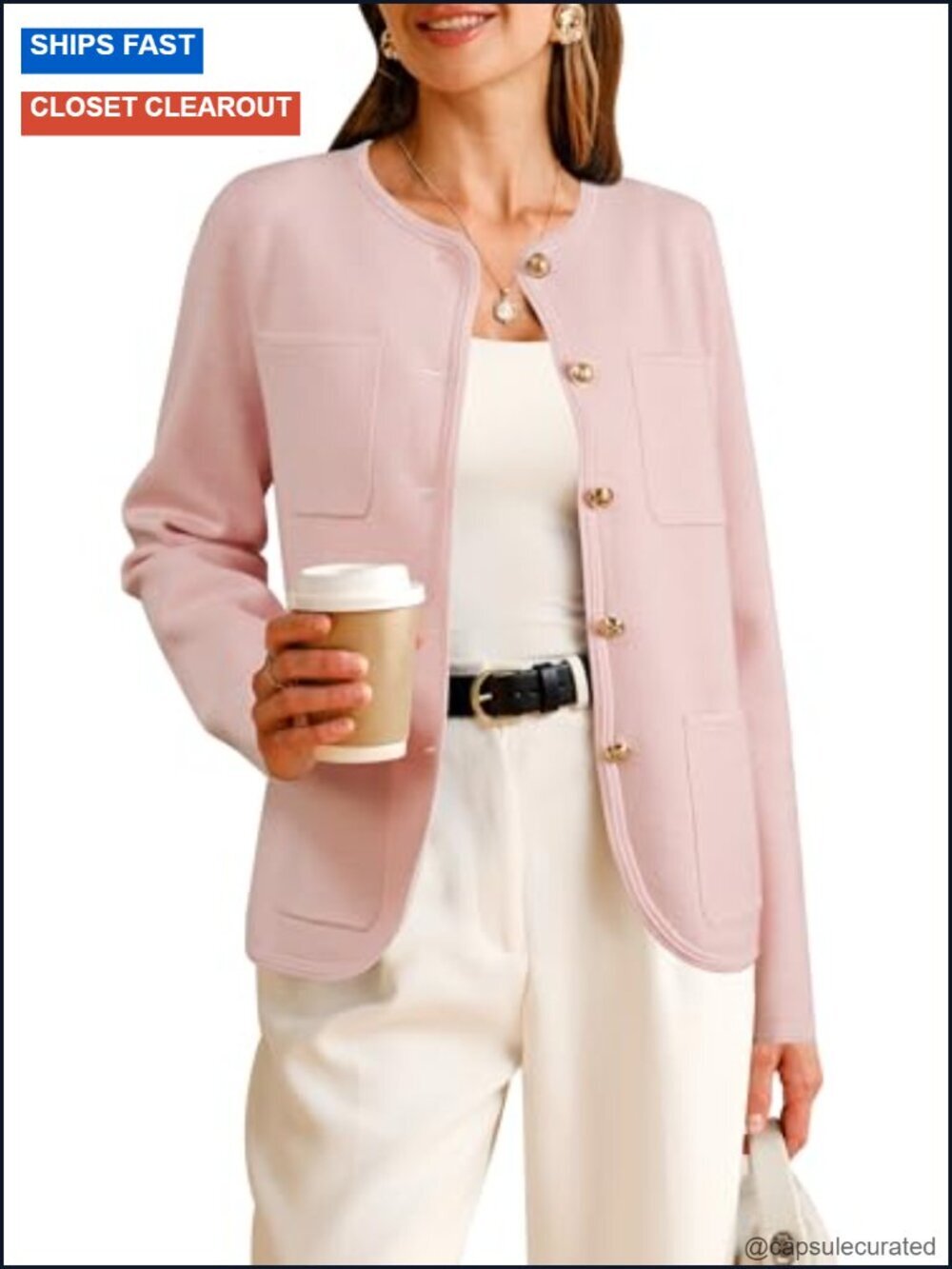 Wool Blend Collarless Blazer with Pockets